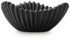 Black fluted bowl with ribbed ridges and scalloped rim