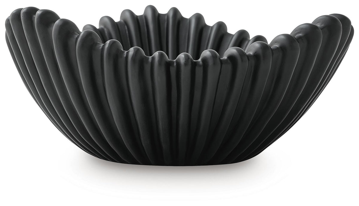 Black fluted bowl with ribbed ridges and scalloped rim