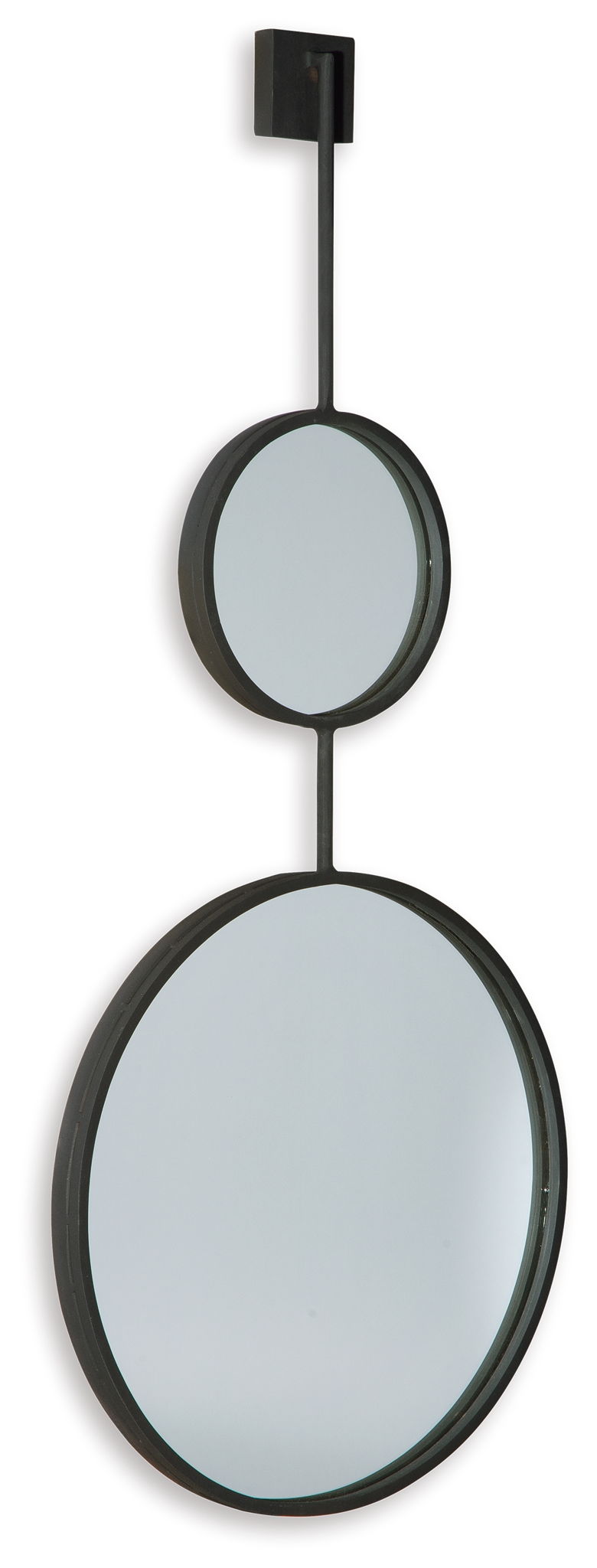 Wall-mounted double oval mirror with black frame and two stacked reflective panes.