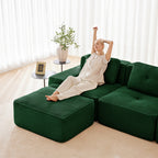 Green corduroy modular sectional sofa with chaise ottoman and back cushions