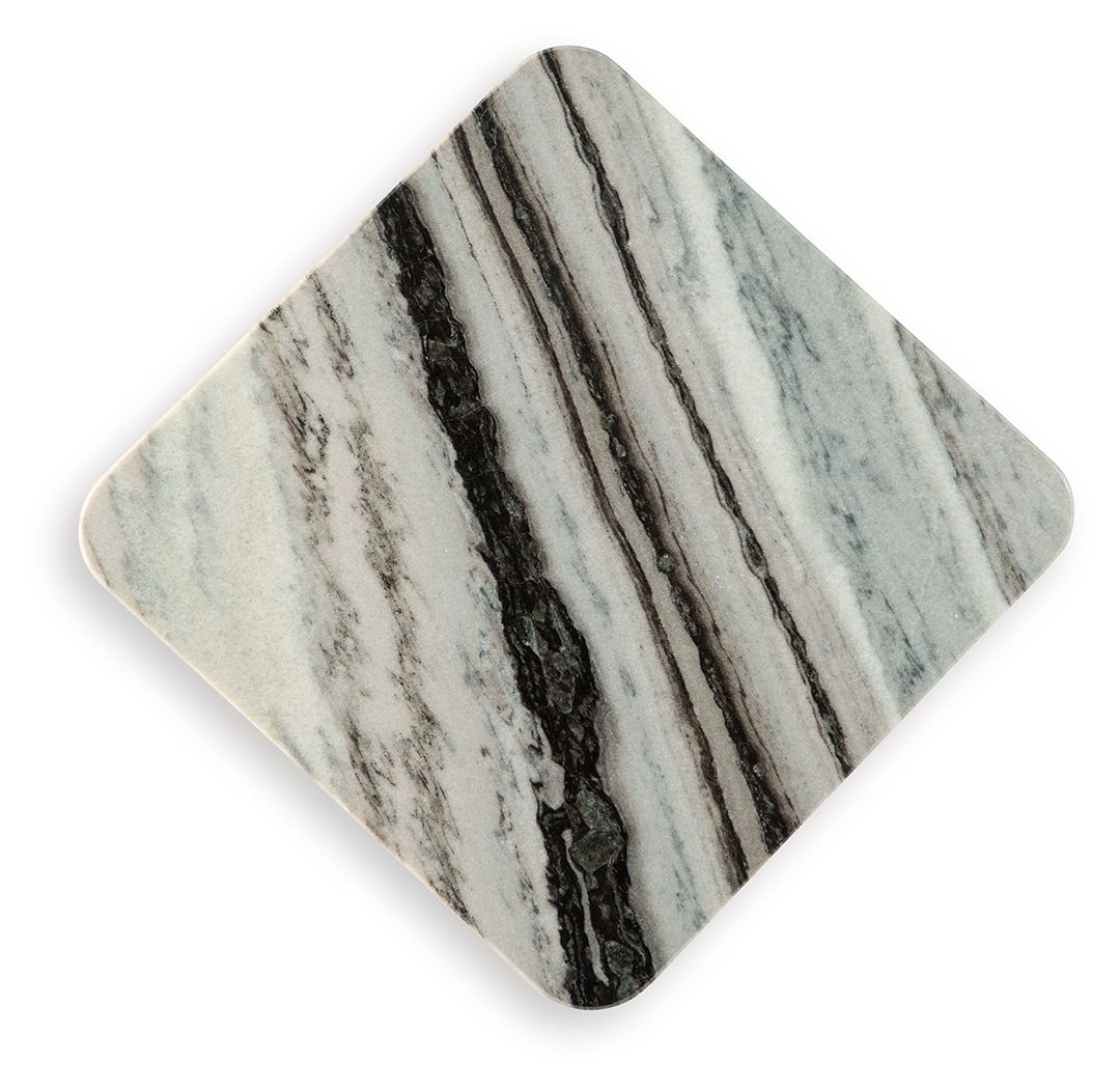Marble-look table top sample in white with dark veining