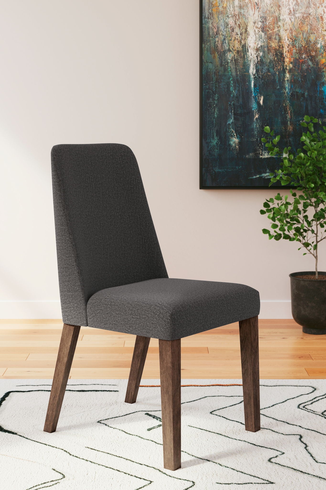 Dark gray dining side chair with upholstered seat, tall back, and wooden legs