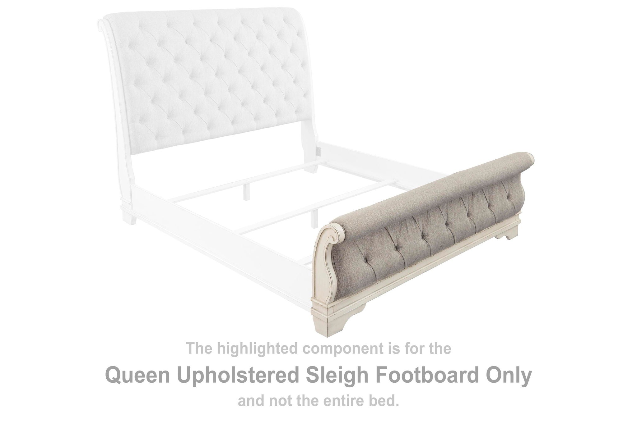 Queen upholstered sleigh footboard with tufted back, white frame, beige-brown cushioned front.