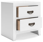White two-drawer night stand with bronze curved handles and open side storage