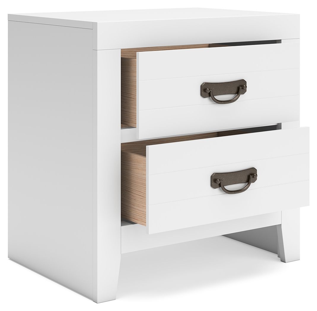 White two-drawer night stand with bronze curved handles and open side storage