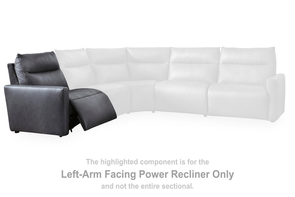 Dark gray left-arm facing power recliner attached to sectional seating