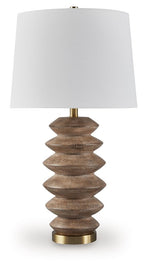 Brown poly table lamp with white fabric shade and gold base