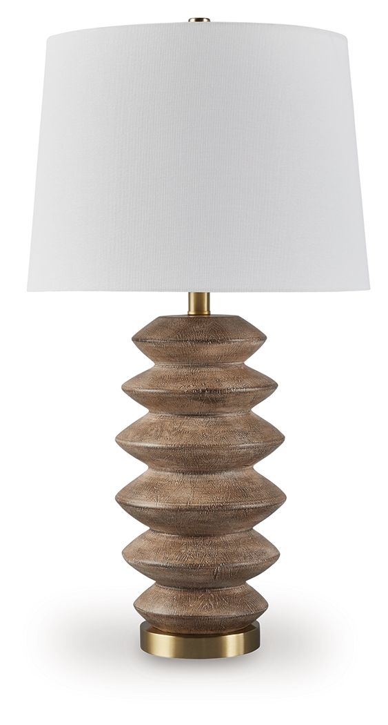 Brown poly table lamp with white fabric shade and gold base
