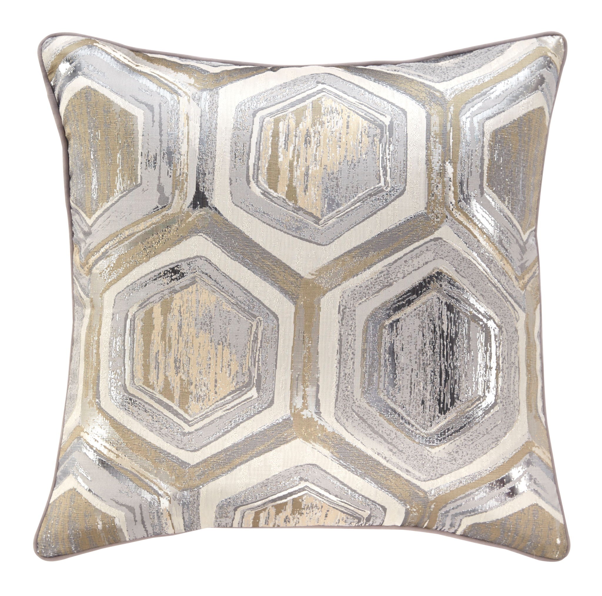 Meiling pillow with raised metallic octagon pattern in gold, silver, and gray