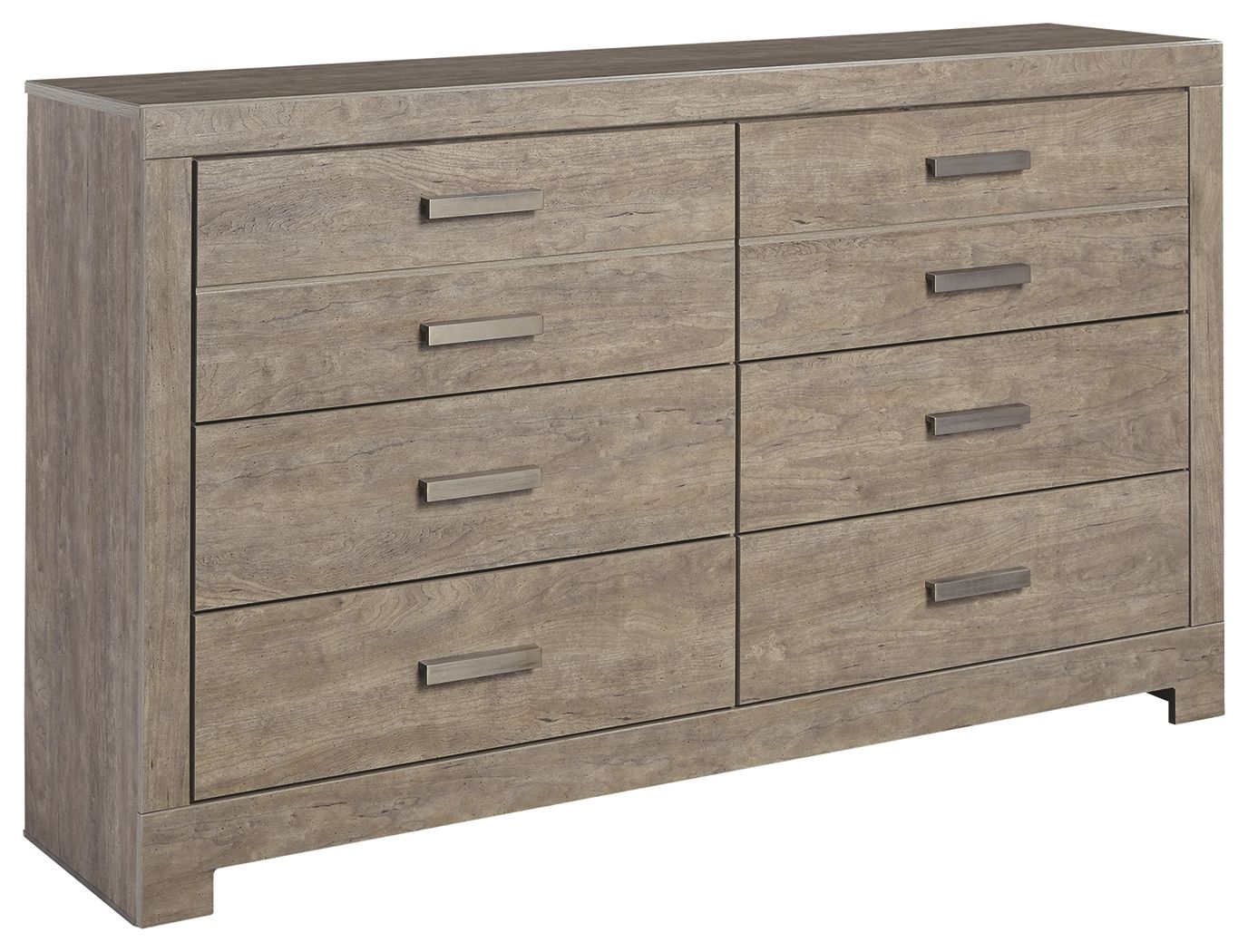 Gray wood dresser with six drawers and metal bar pull handles