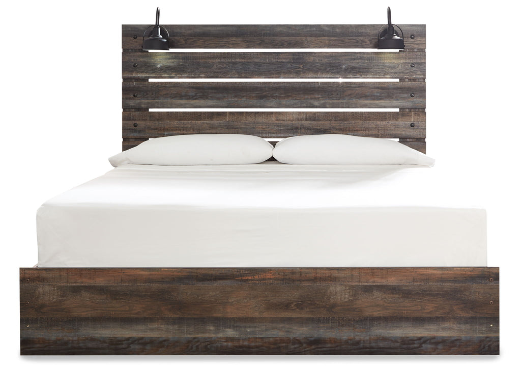 Panel bed with dark wood frame and panel headboard; white bedding with two pillows