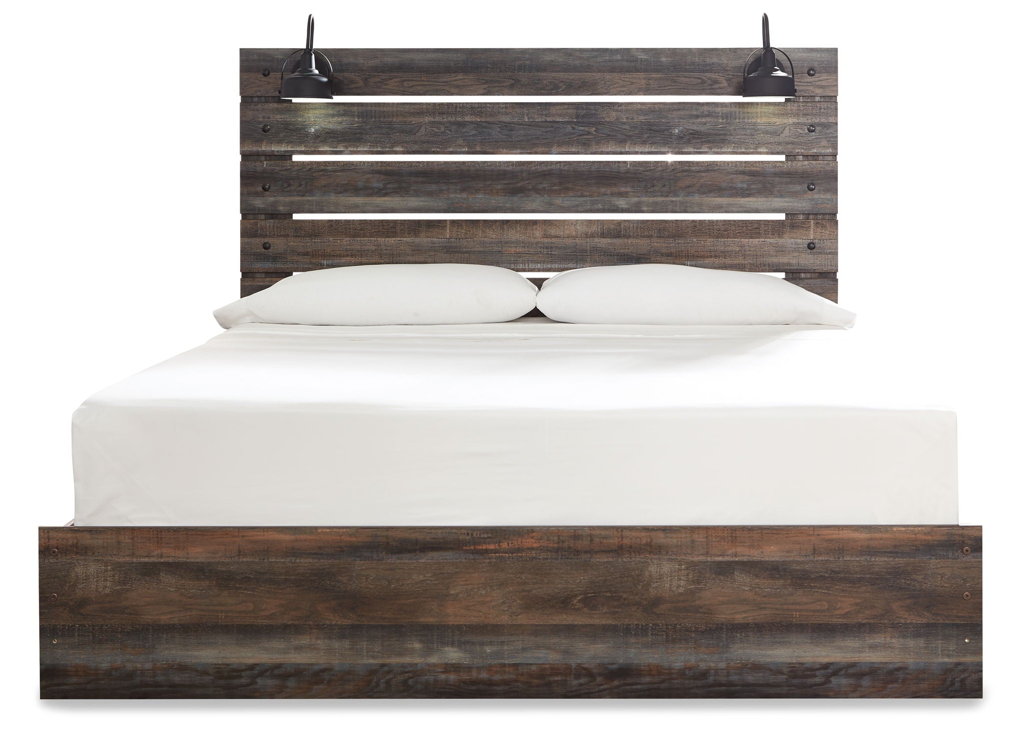 Panel bed with dark wood frame and panel headboard; white bedding with two pillows