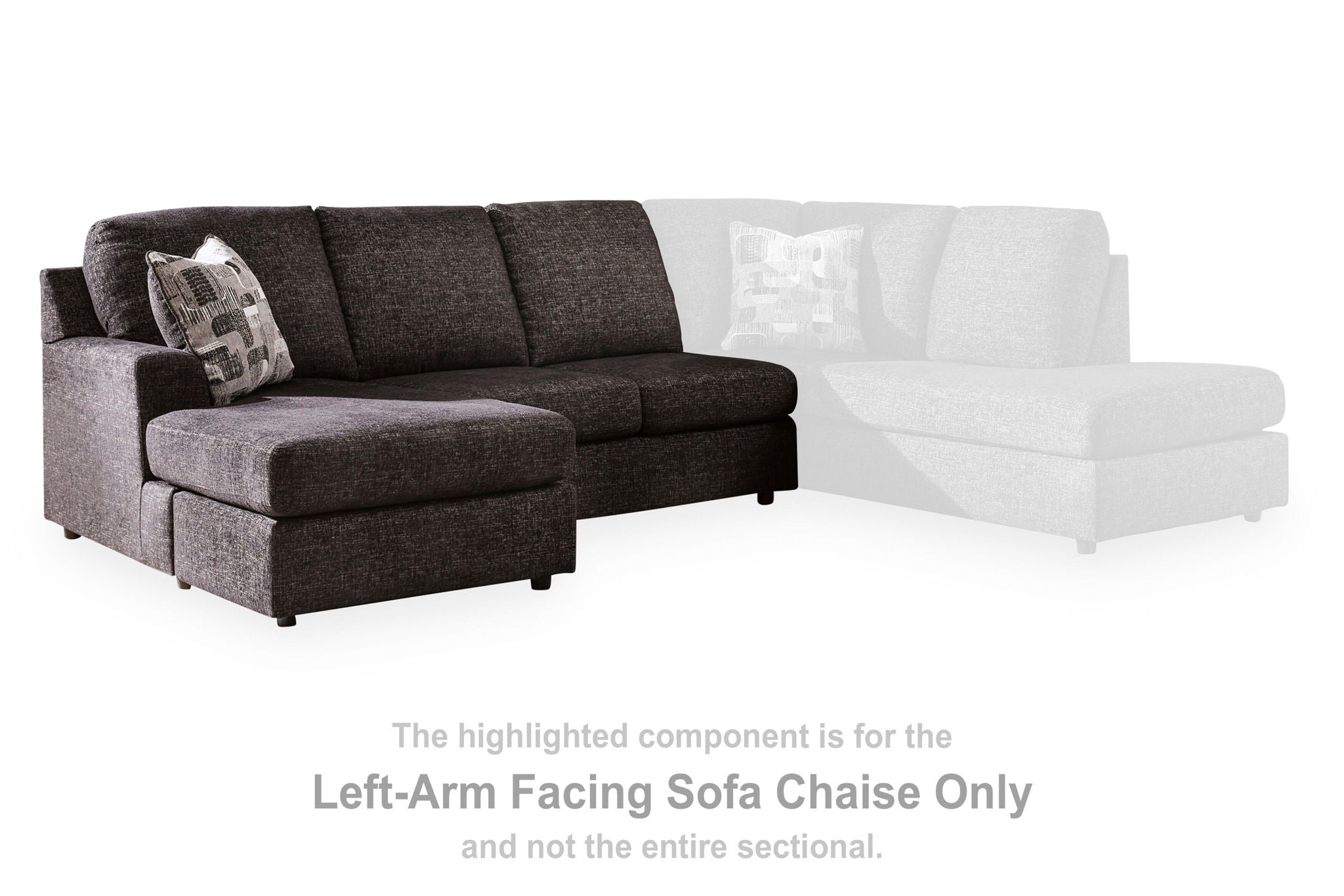 Dark gray LAF sofa chaise with extended chaise section and patterned throw pillow