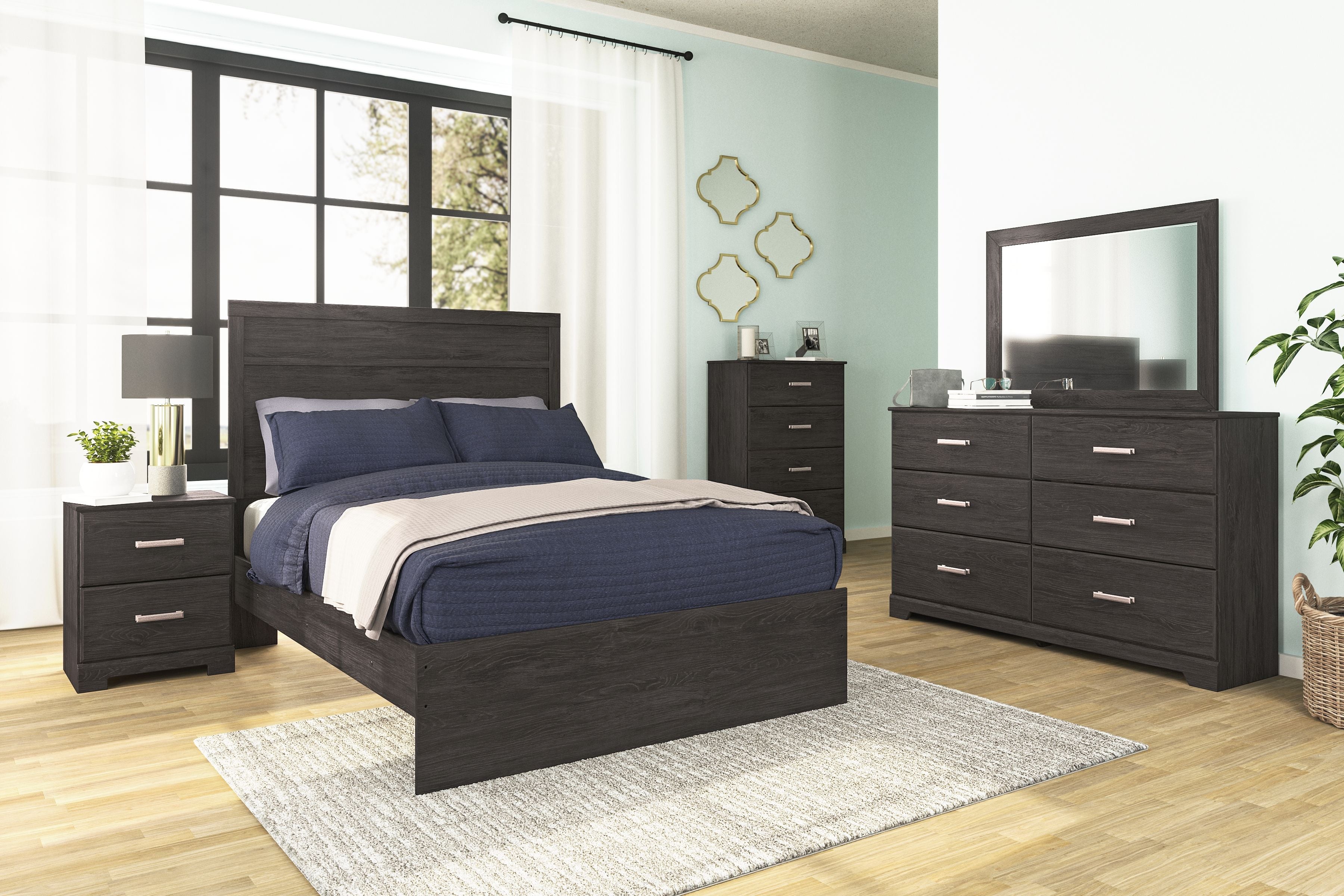 Charcoal dresser with mirror in bedroom, six drawers and metal bar pulls