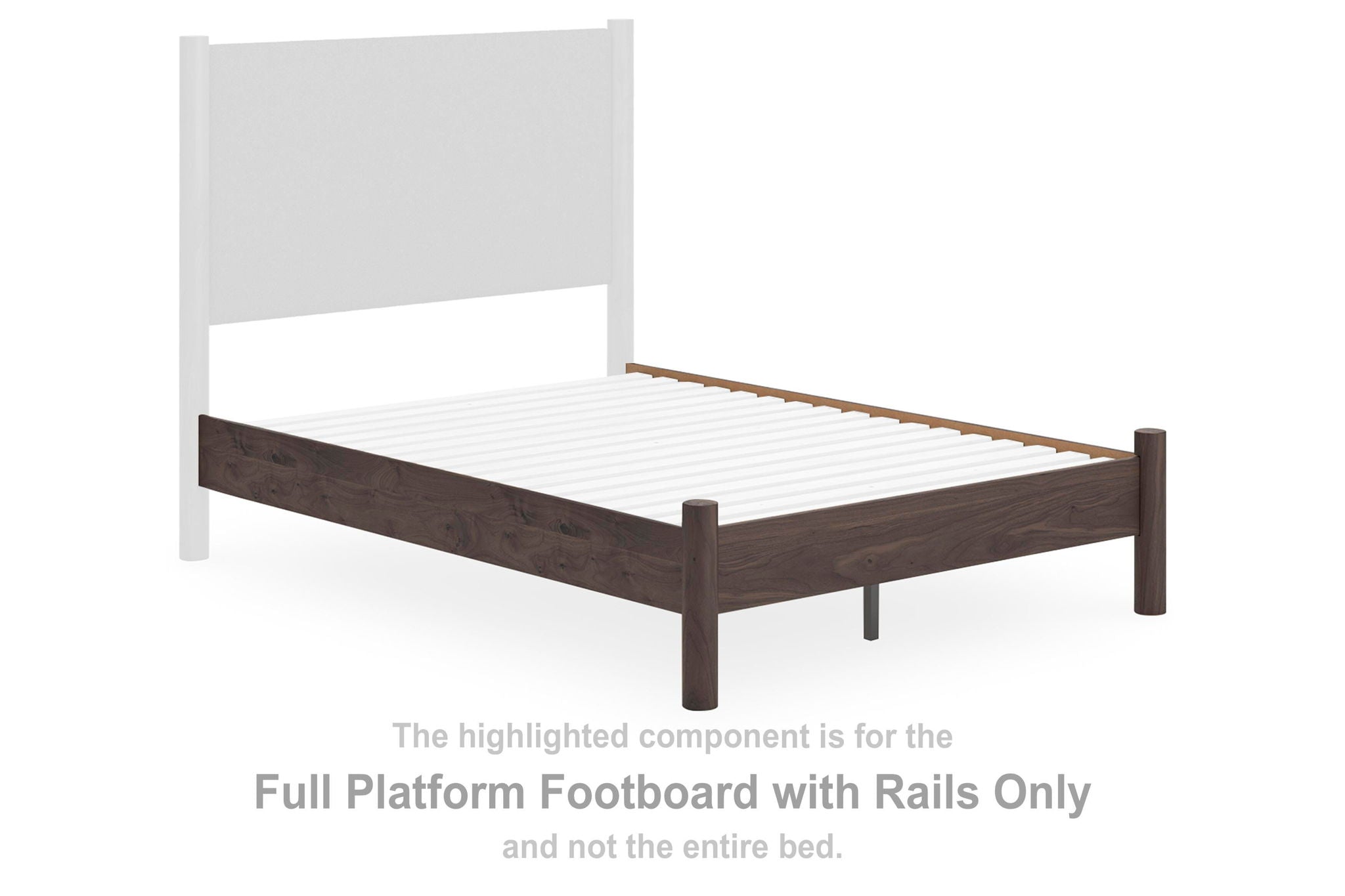 Brown wood platform bed footboard with side rails and white slatted panel
