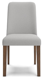 Pearl silver dining side chair with upholstered seat and tall back, dark wood legs.