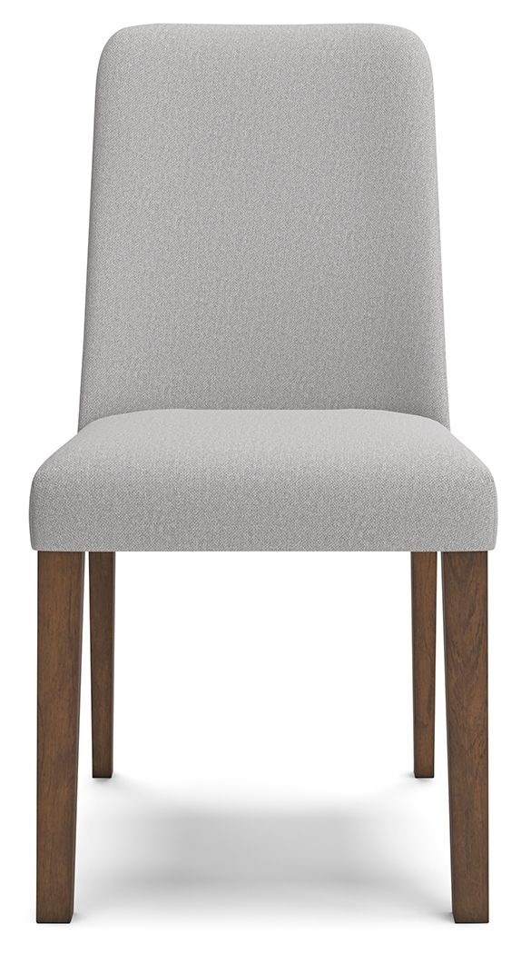 Pearl silver dining side chair with upholstered seat and tall back, dark wood legs.