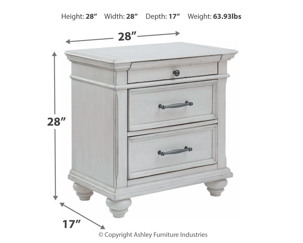 Whitewashed three-drawer nightstand with metal handles and turned legs, front view
