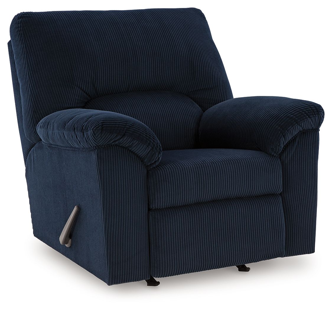 Navy striped rocker recliner chair with padded arms and pull handle, cushioned seat