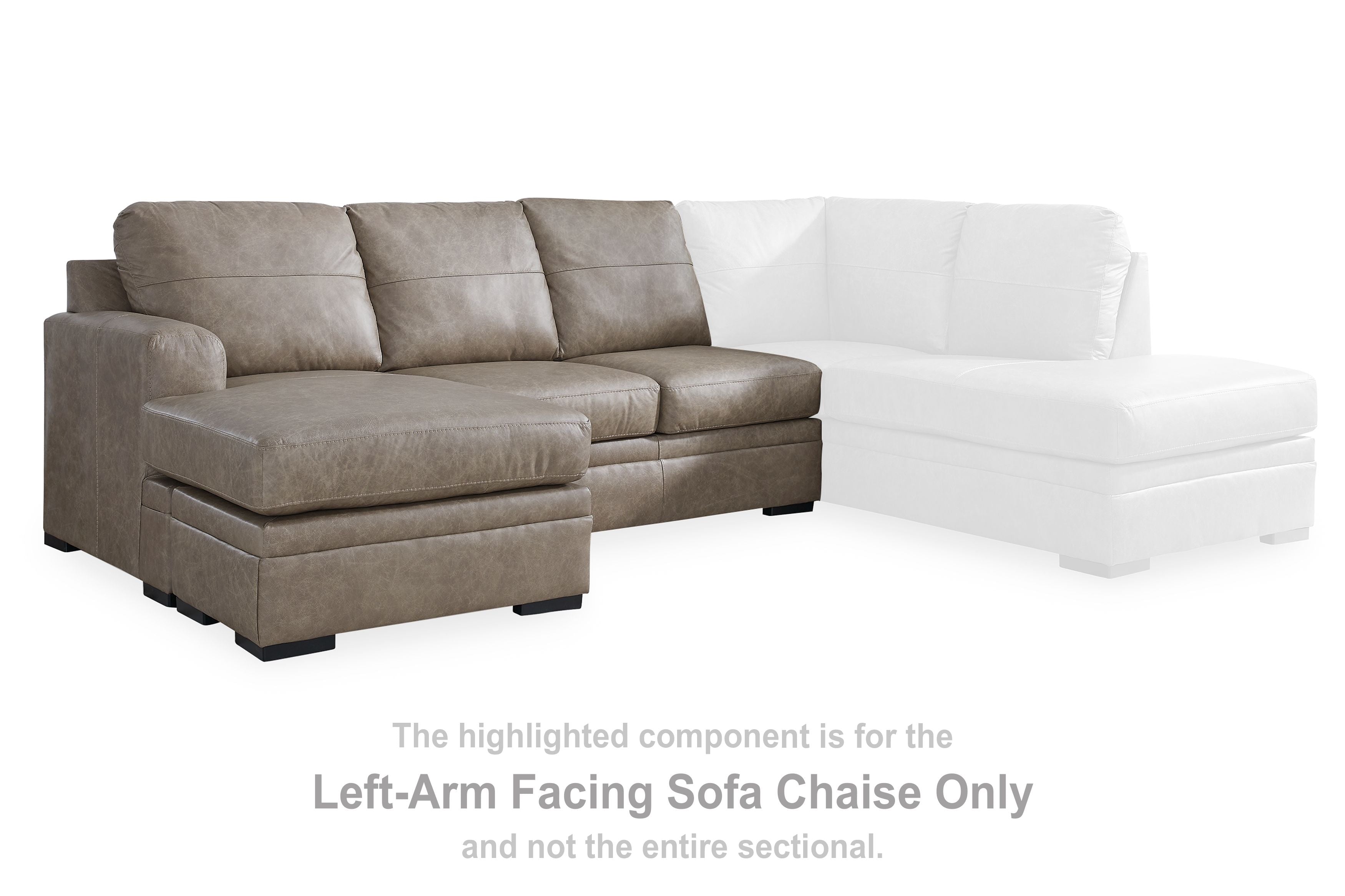 Left-facing beige fabric sofa chaise with padded back cushions and dark legs