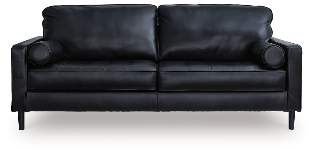 Onyx two-seat sofa with rolled arms, back cushions, and dark tapered legs