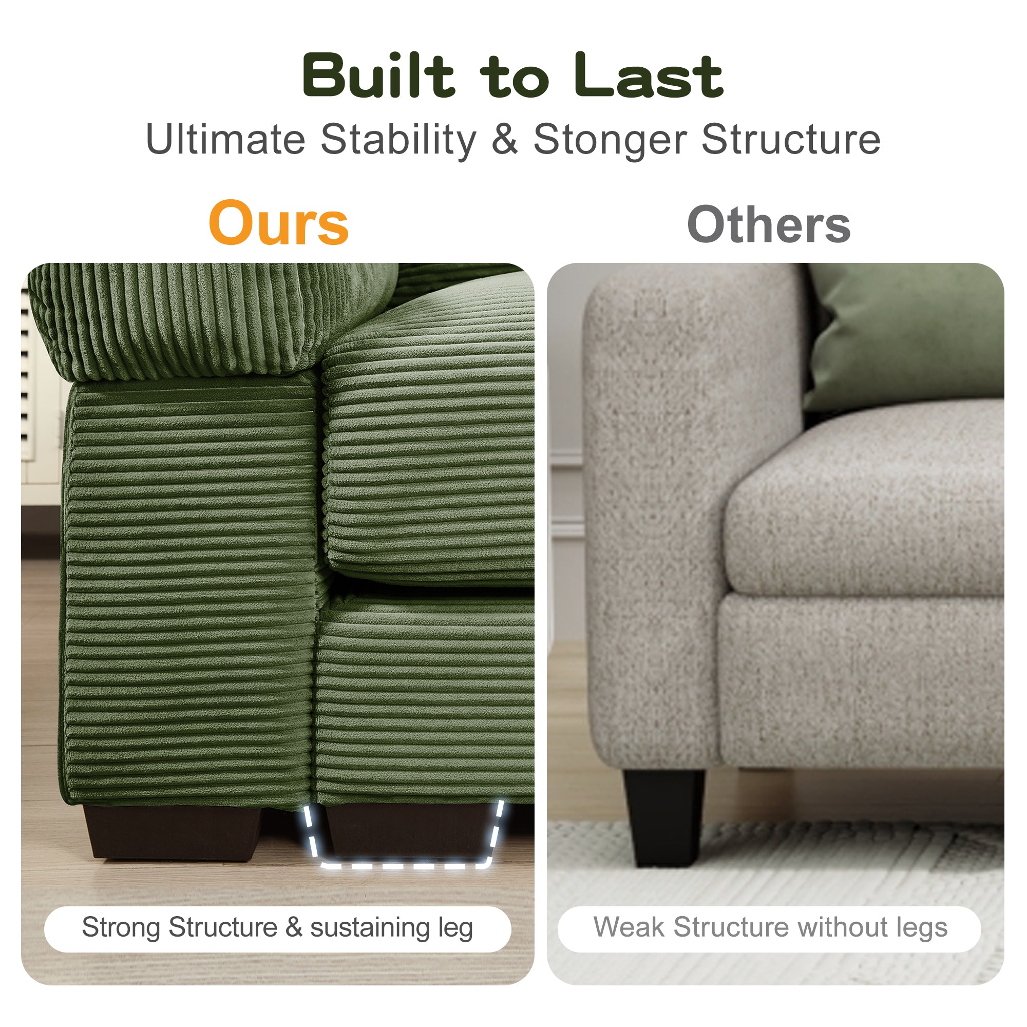 Green sectional sofa corner with sturdy legs and ribbed fabric seat cushions