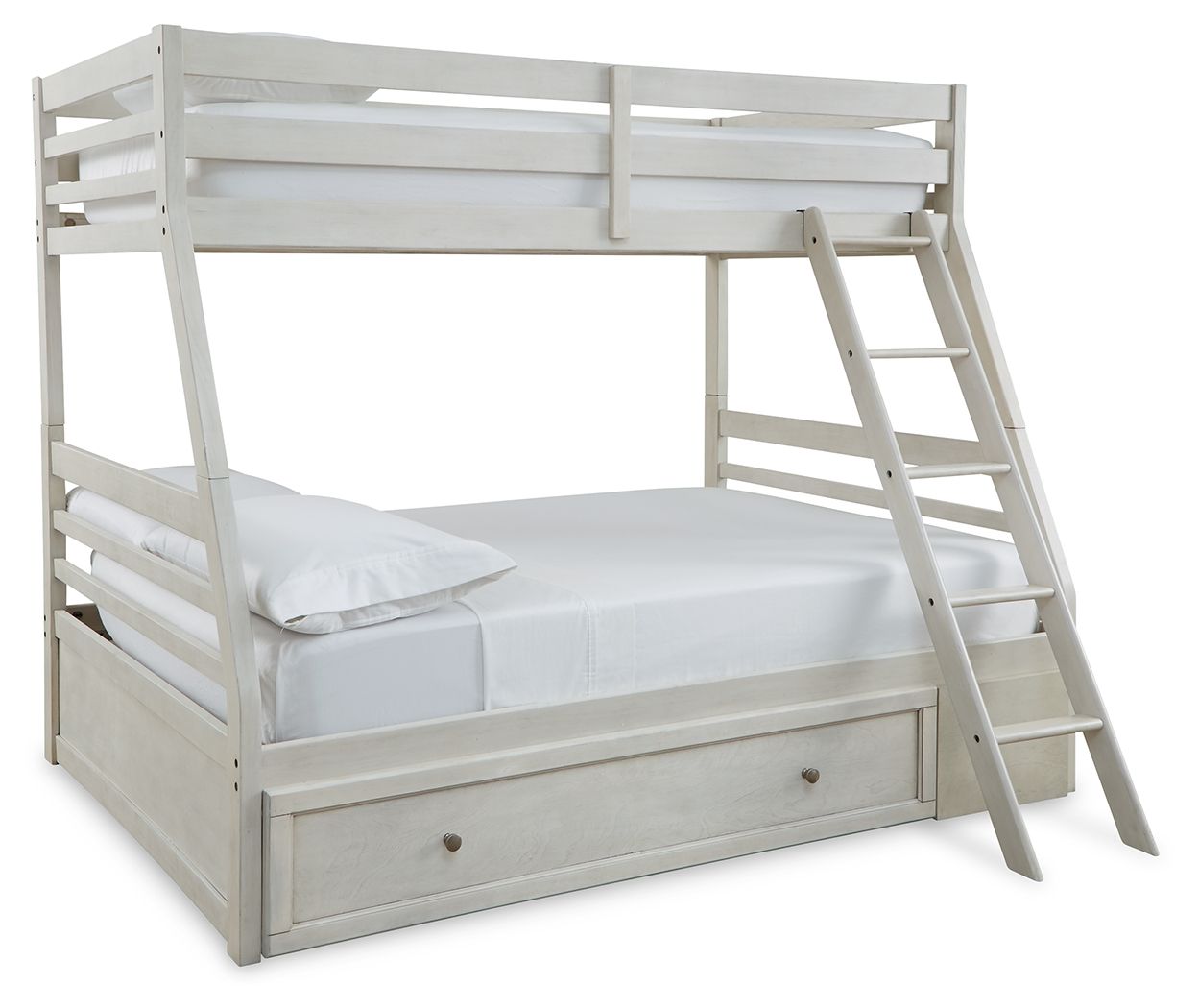 White bunk bed with storage drawer, guard rails, and built-in ladder
