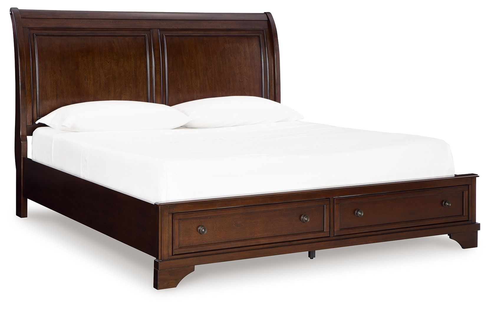 Brown king storage bed frame with paneled headboard and two drawers at the foot