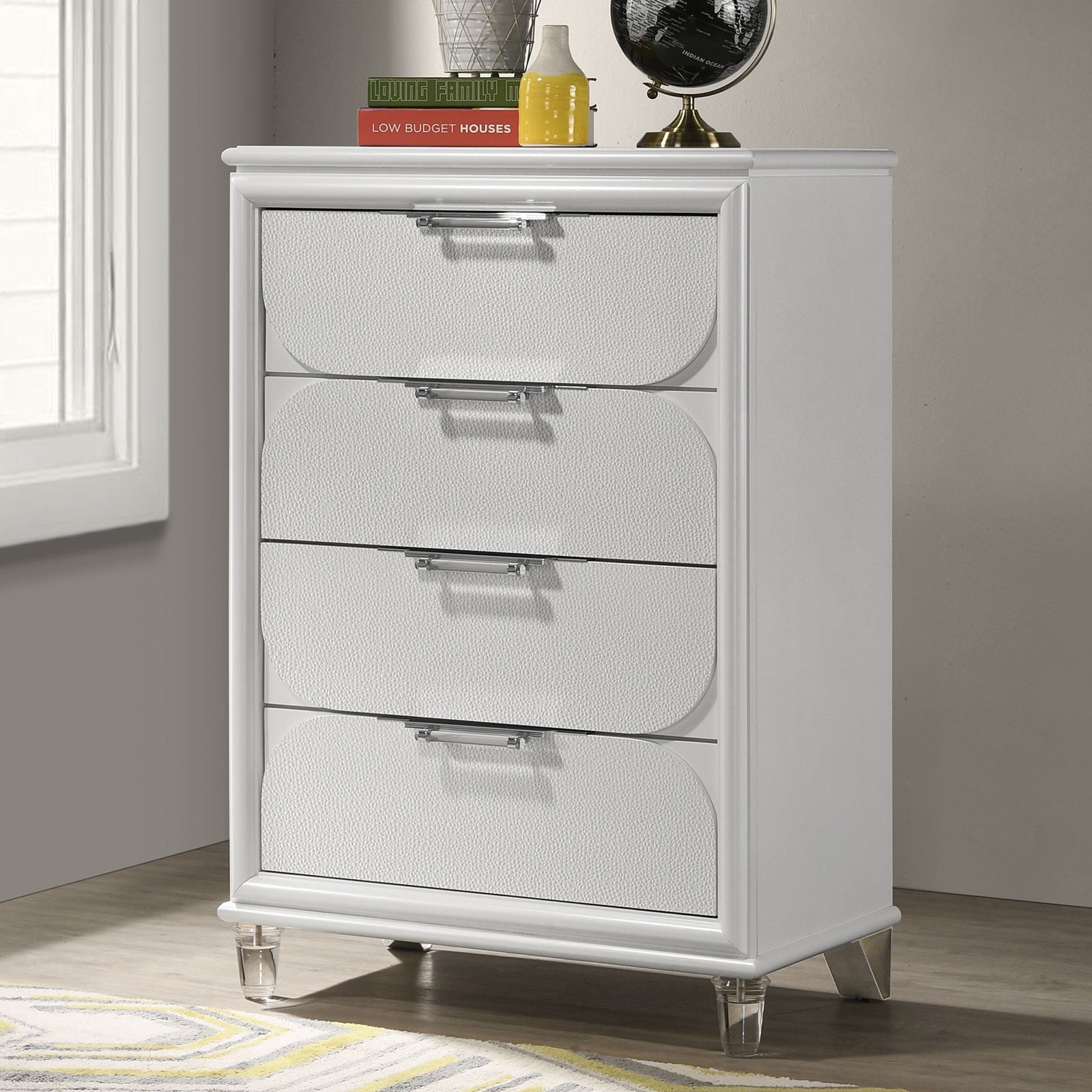 Contemporary Glam Pearl White 5-Drawer Tall Dresser/Chest