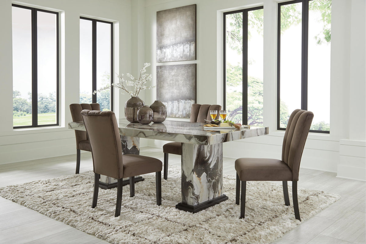 Marble-pattern dining table with dark brown upholstered chairs