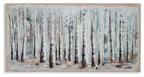 Framed wall art of birch trees with blue, white, and soft green vertical strokes