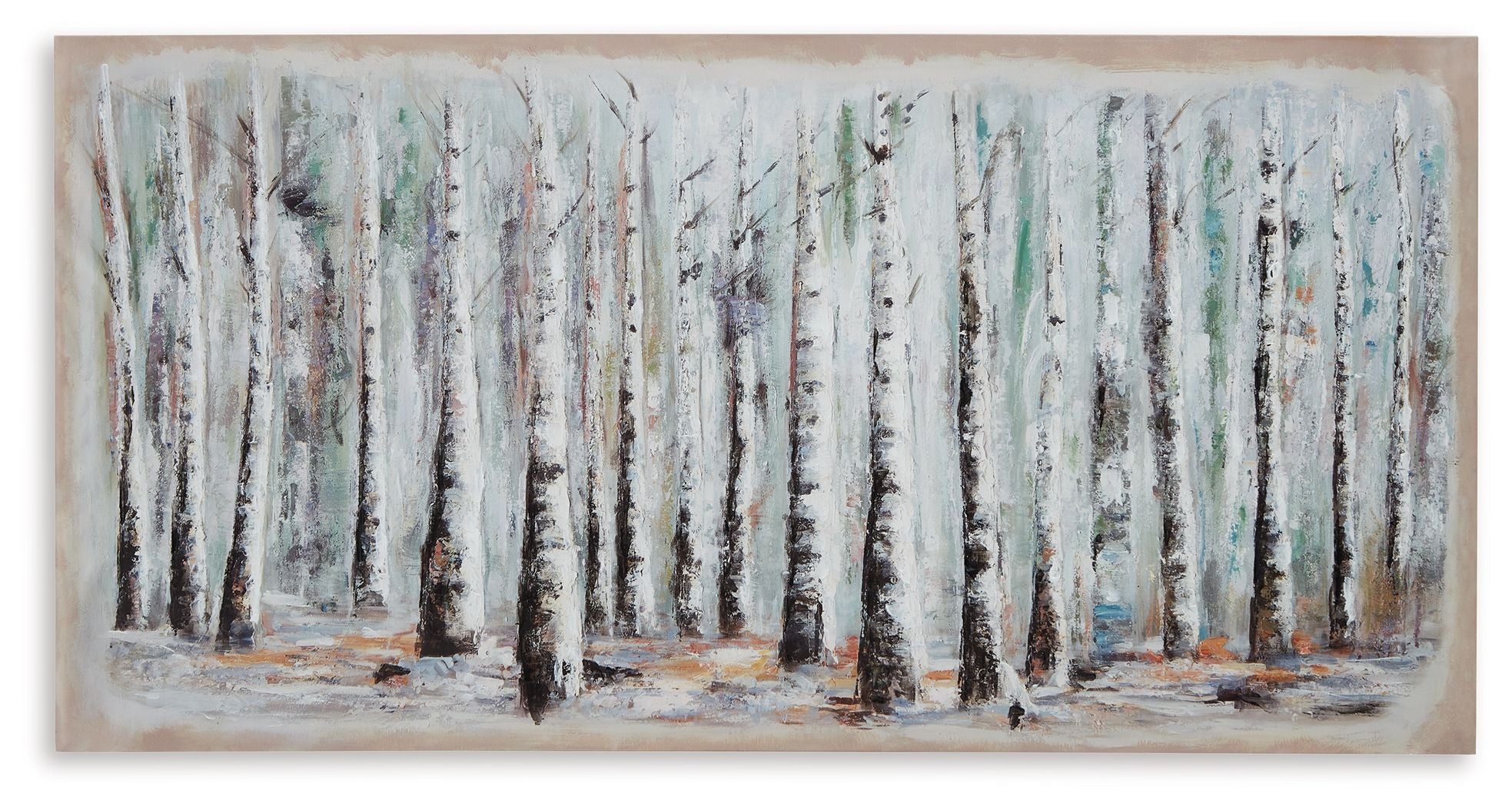 Framed wall art of birch trees with blue, white, and soft green vertical strokes