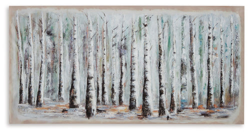 Framed wall art of birch trees with blue, white, and soft green vertical strokes