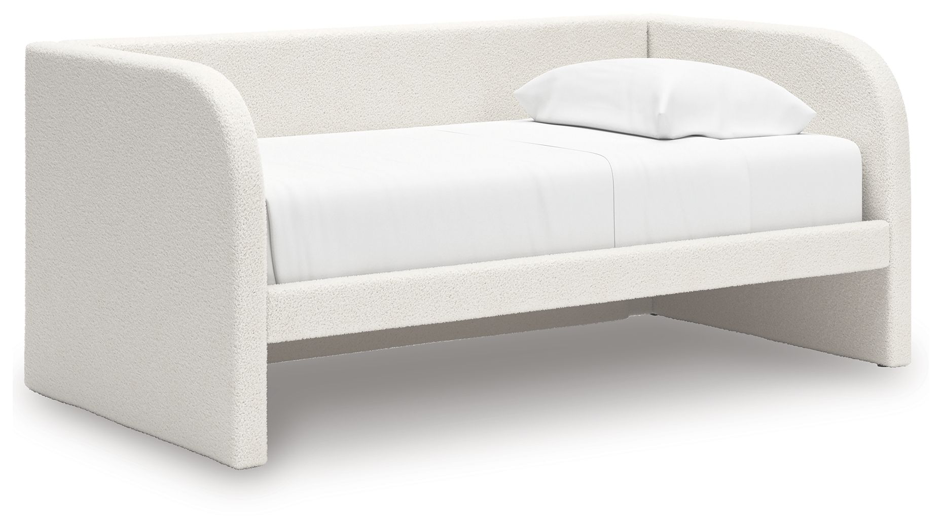 Upholstered day bed in beige fabric with white cushions; front view without under-bed drawers