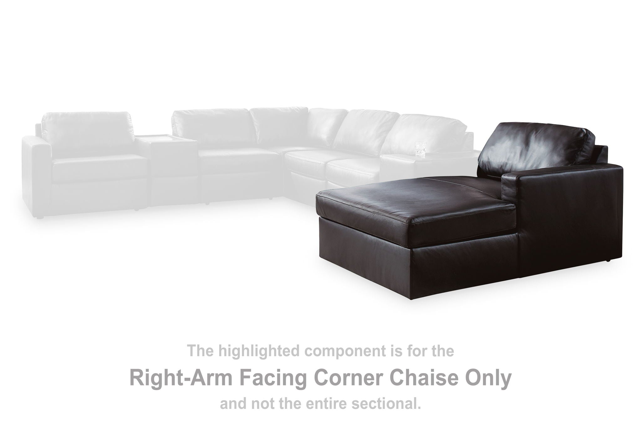 Black right-arm facing corner chaise component, padded seat and backrest