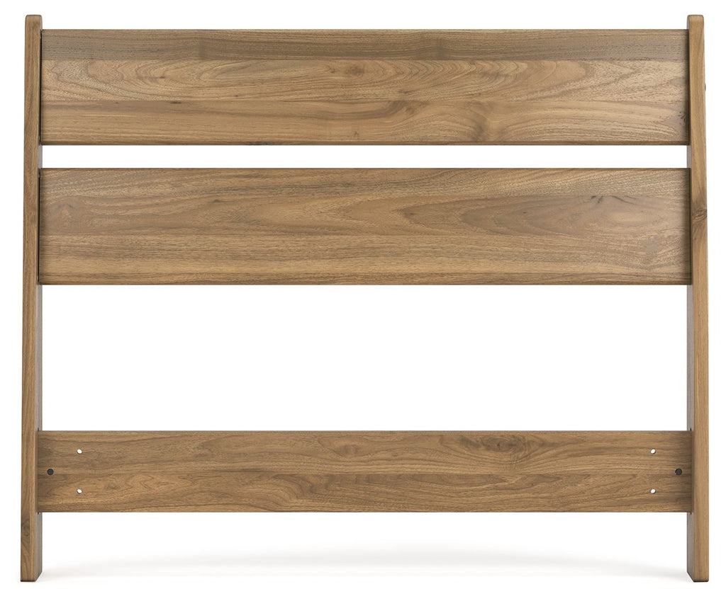 Twin panel headboard front view, light honey wood with three rails