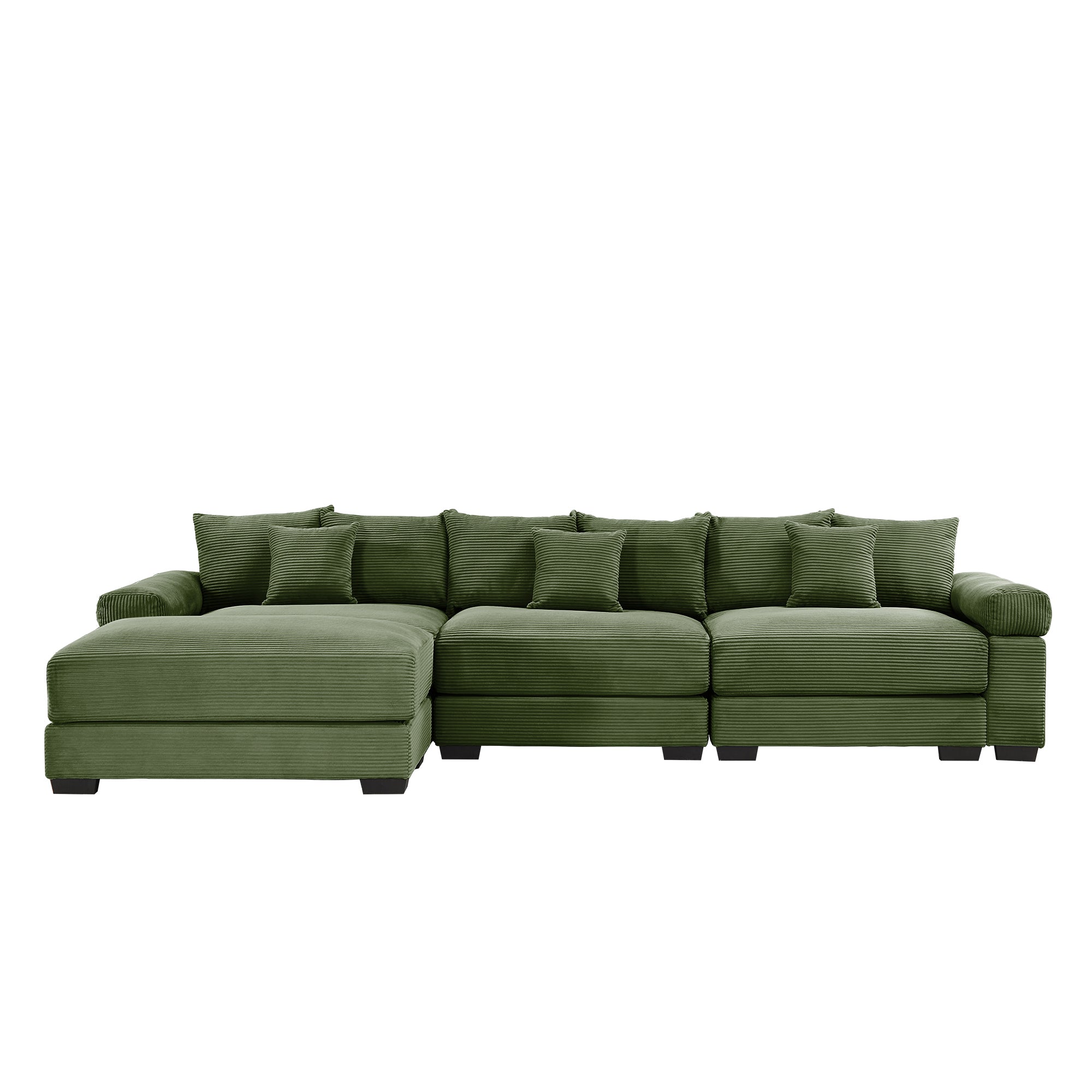 Green sectional sofa with left ottoman chaise, deep seat cushions, and back pillows