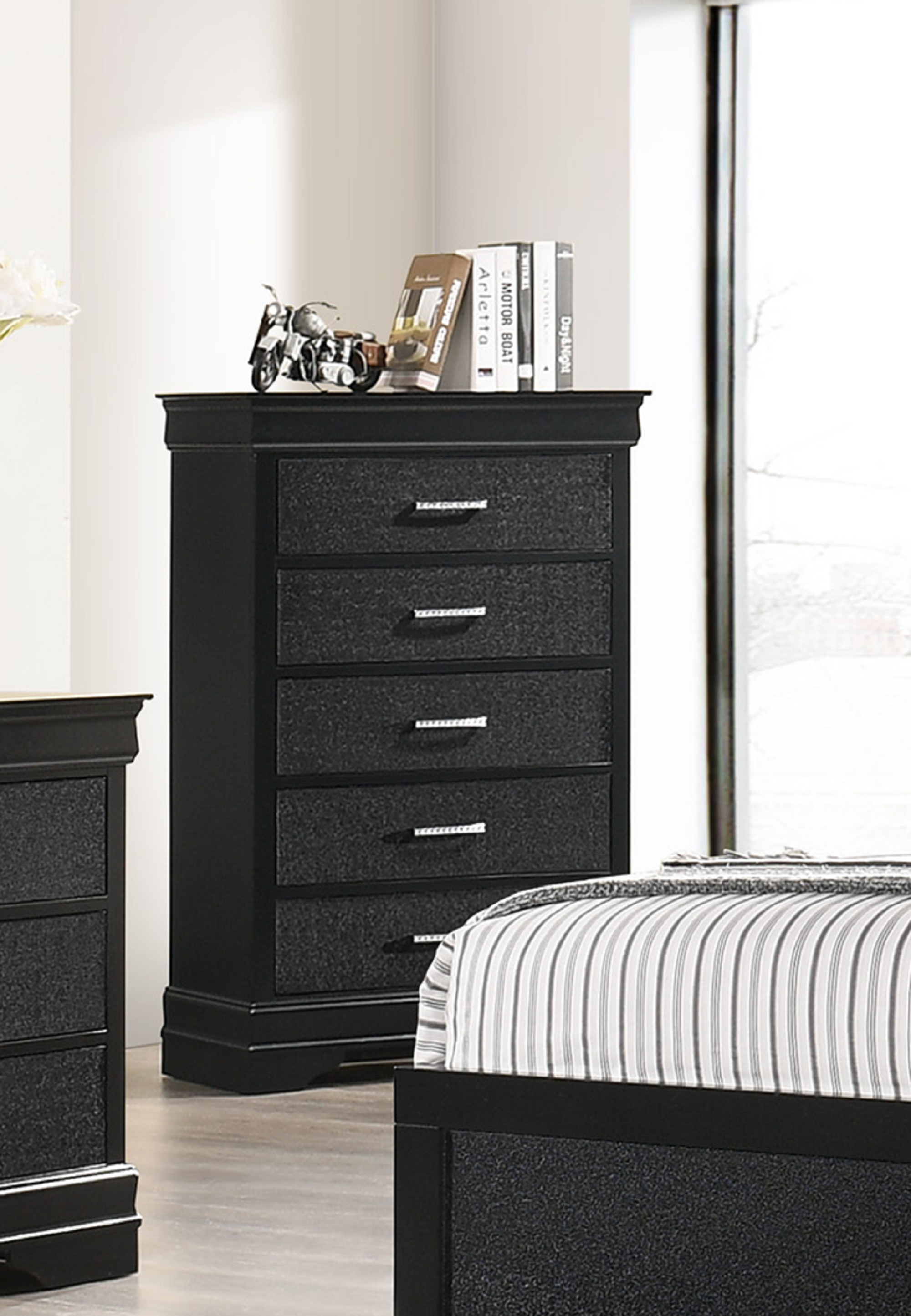 Modern Black 5-Drawer Tall Chest with Crocodile Texture