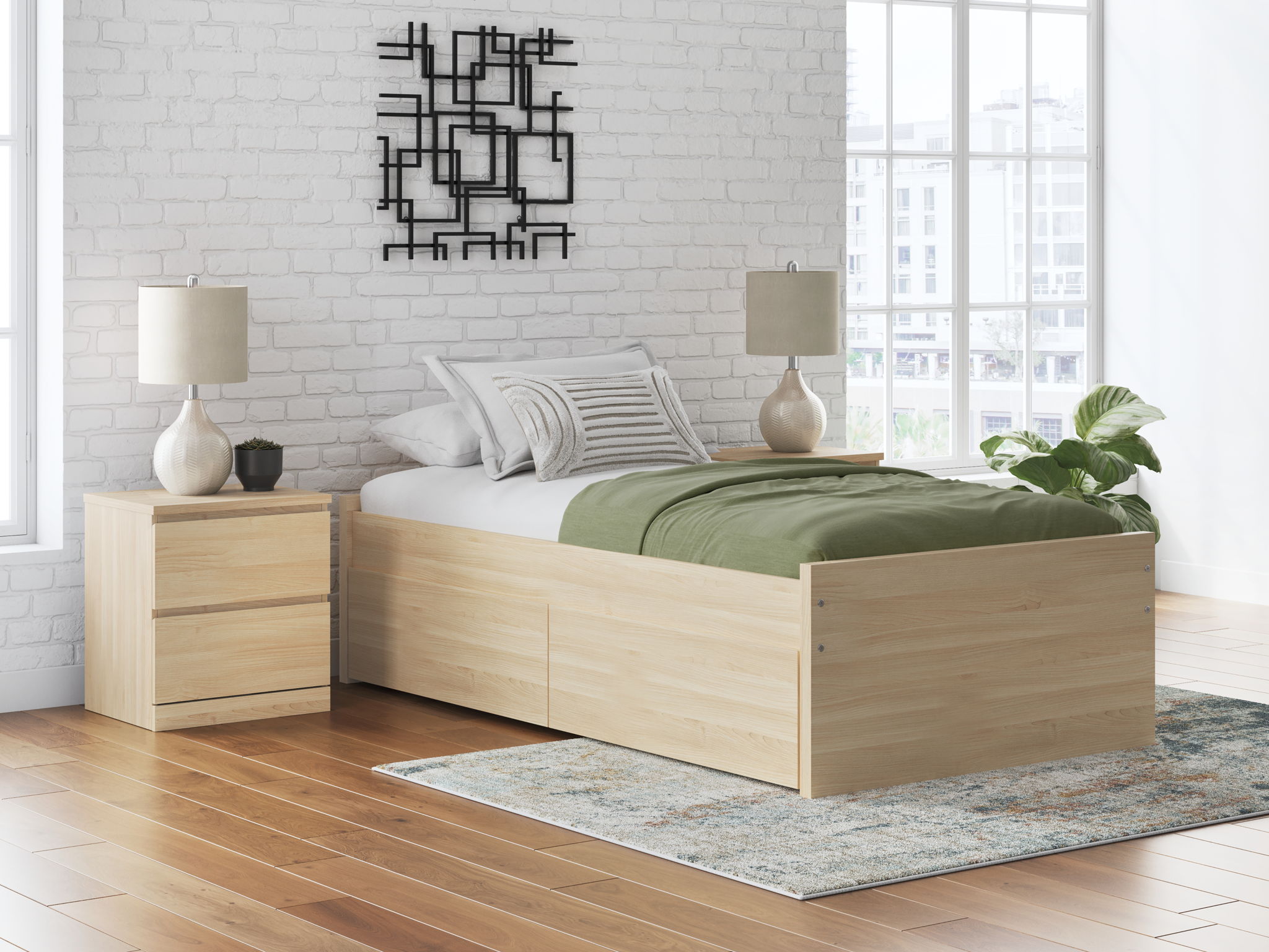 Light wood platform bed with open slat base and built-in side drawers