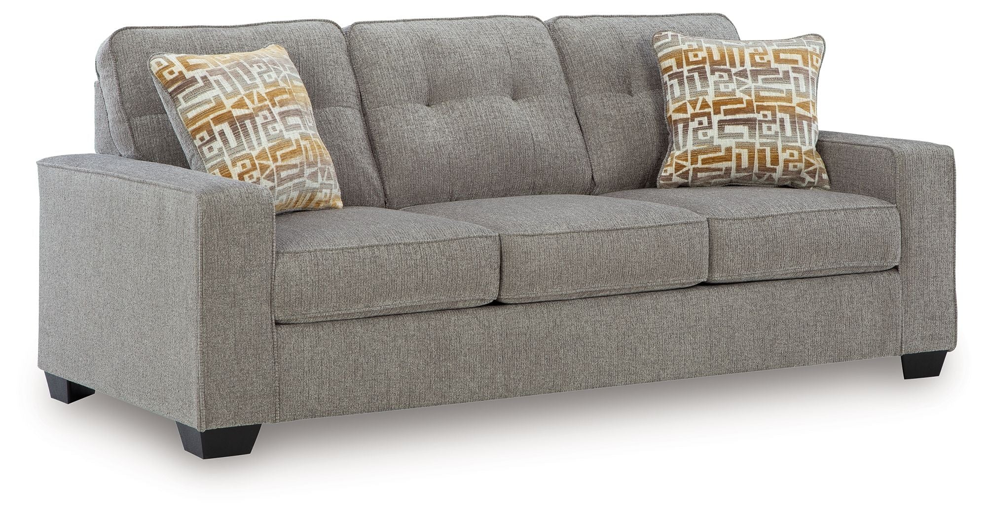 Queen sofa sleeper with gray upholstery and two patterned throw pillows