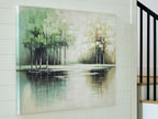 Abstract wall art canvas on wall with green-tan tree silhouettes and reflective water