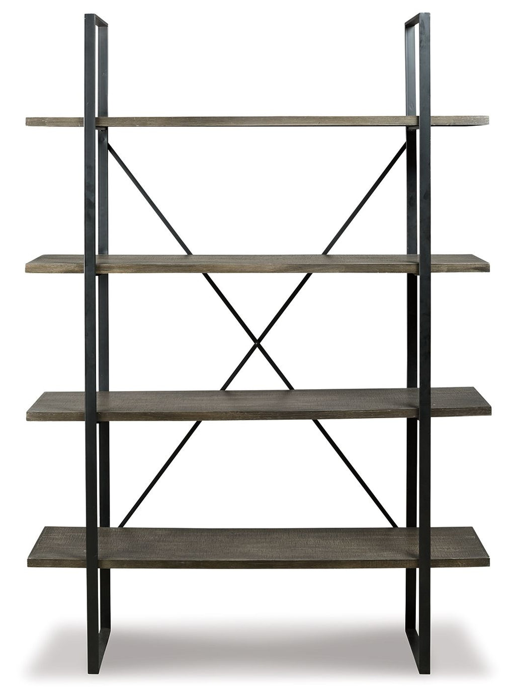 Black and gray bookcase with four open shelves and X braces between metal uprights