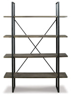 Black and gray bookcase with four open shelves and X braces between metal uprights