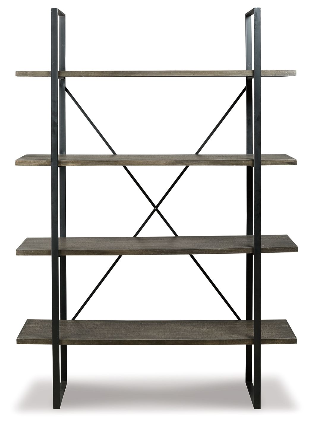 Black and gray bookcase with four open shelves and X braces between metal uprights