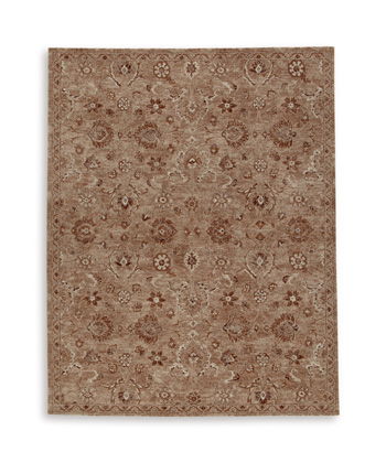 Medium brown rectangular rug with dense ornate floral medallion pattern