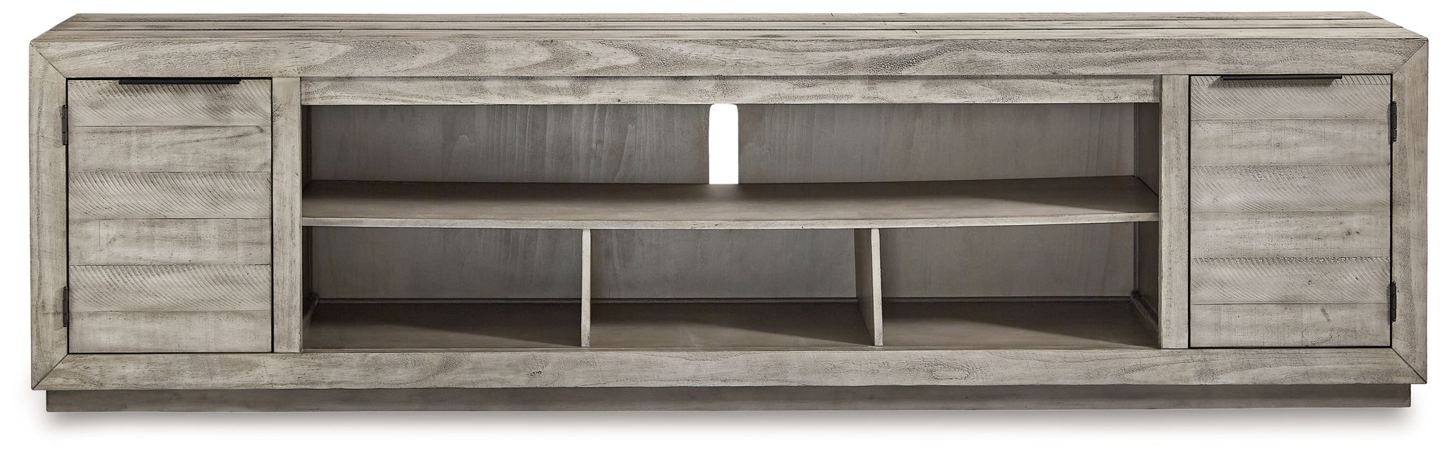 Gray TV console with open center shelves and two side cabinet doors