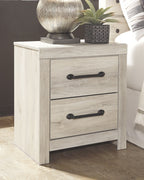 Whitewash two-drawer night stand with dark metal bar pulls and simple legs