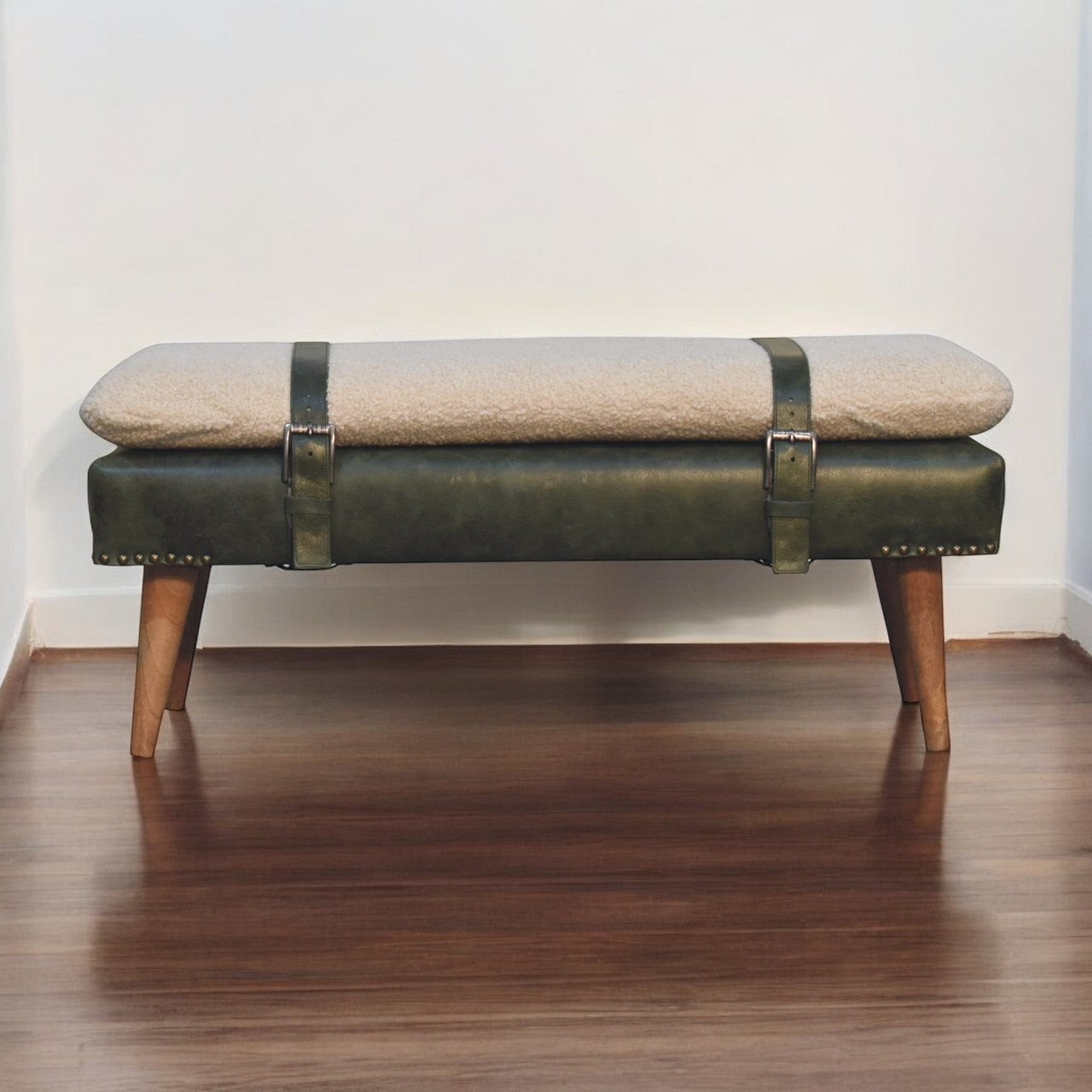 Olive Green Bouclé Buffalo Hide Leather Bench Nordic Legs