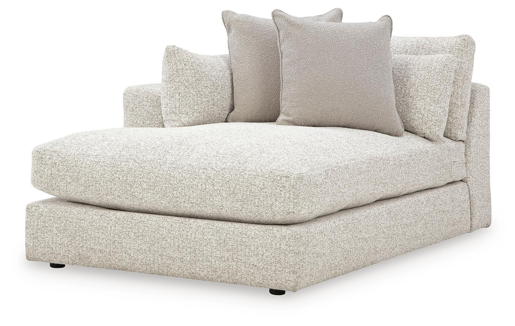 Corner chaise sofa with three seat/back cushions and two throw pillows, light upholstery