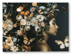 Floral wall art with a woman profile, butterflies, and orange, black, and white tones